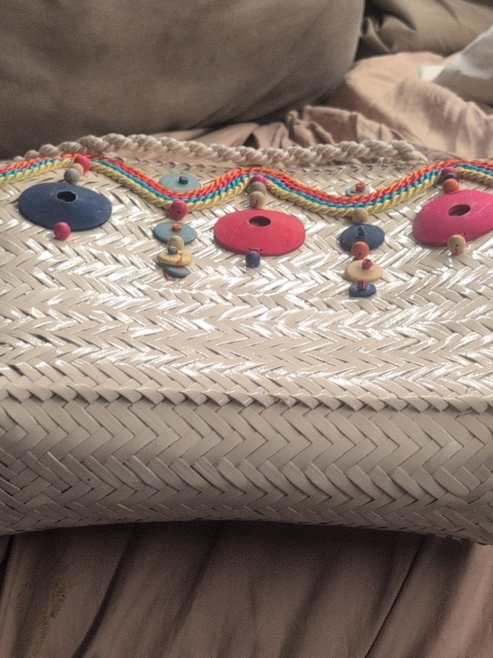Handmade In Phillipines Woven Straw Tote Bag with Colorful Bead Accents - Cream